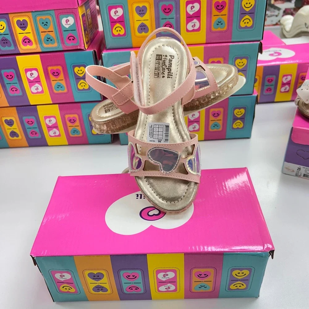Pampili FeetCare Pink Iridescent Heart Sandals Glitter Sole Kids Size 13 US